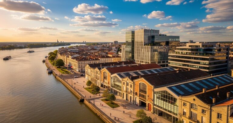 Vue aérienne du quartier Bacalan à Bordeaux avec les bassins à flot et la Garonne