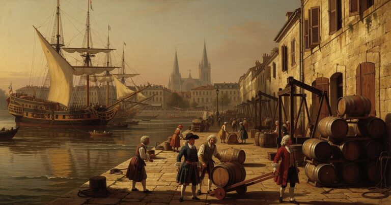 Vue historique du port de Bordeaux avec voiliers chargeant des tonneaux de vin sur les quais de la Garonne