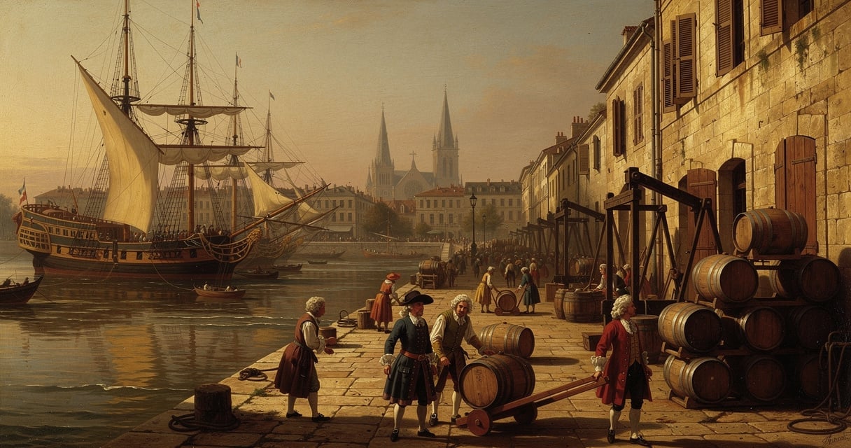 Vue historique du port de Bordeaux avec voiliers chargeant des tonneaux de vin sur les quais de la Garonne
