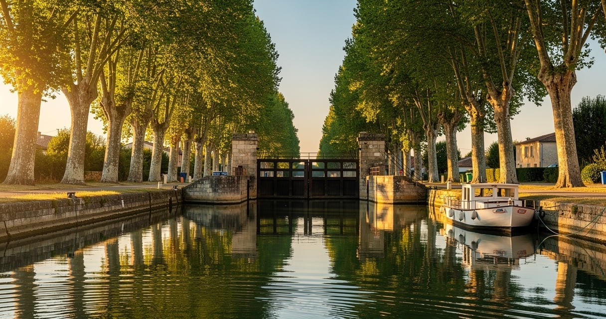 Une écluse historique du canal du Midi bordée de platanes au coucher du soleil