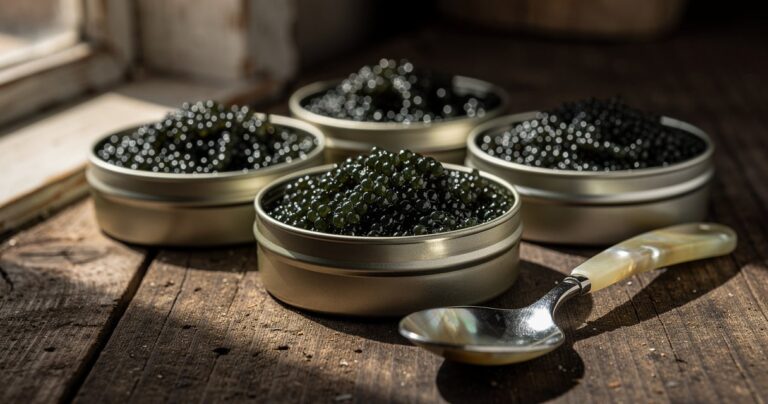 Boites de caviar d'Aquitaine ouvertes sur une table en bois avec une cuillere en nacre