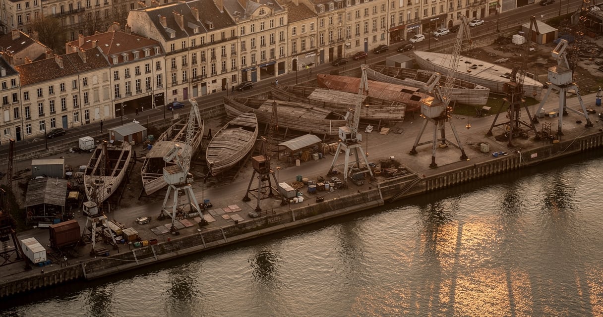 Vue aérienne des anciens chantiers de la Garonne à Bordeaux avec les quais industriels