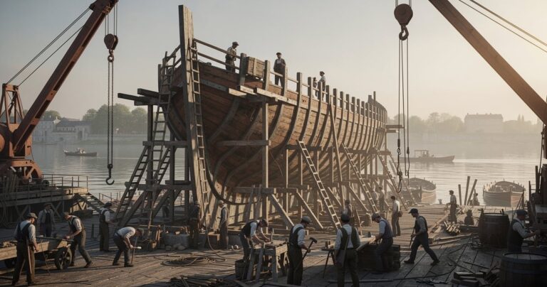 Chantier naval français du 19e siècle avec une grande coque de navire sur la cale de lancement au bord du fleuve