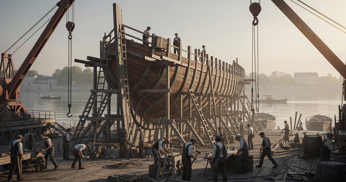 Chantier naval français du 19e siècle avec une grande coque de navire sur la cale de lancement au bord du fleuve
