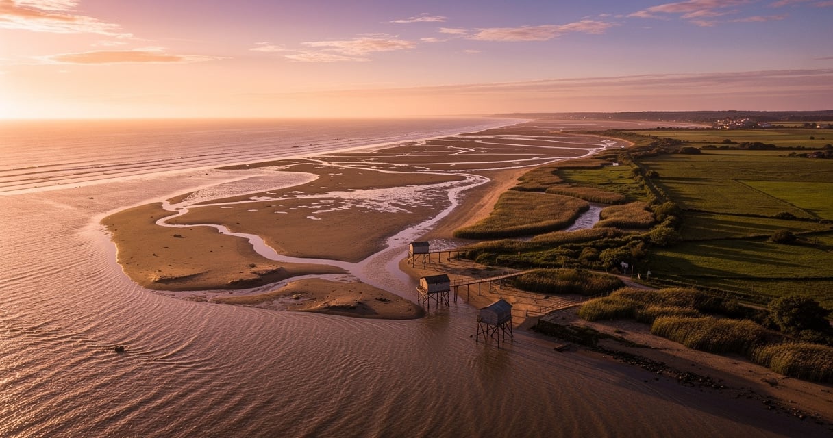 Vue aérienne de l'estuaire de la Gironde au soleil couchant avec vasières et carrelets