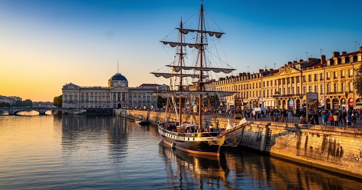 Grand voilier amarré sur les quais de Bordeaux pendant les Fêtes du Fleuve au coucher du soleil