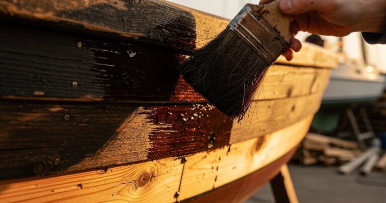 Application au pinceau de goudron suédois sur la coque en bois d un bateau traditionnel