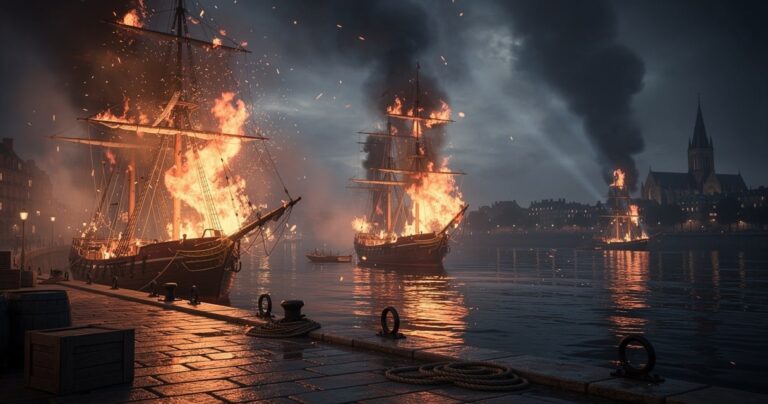 Incendie du port de Bordeaux en 1869 avec des navires en flammes sur la Garonne