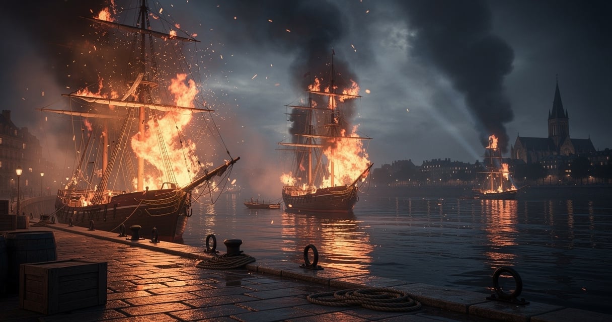 Incendie du port de Bordeaux en 1869 avec des navires en flammes sur la Garonne