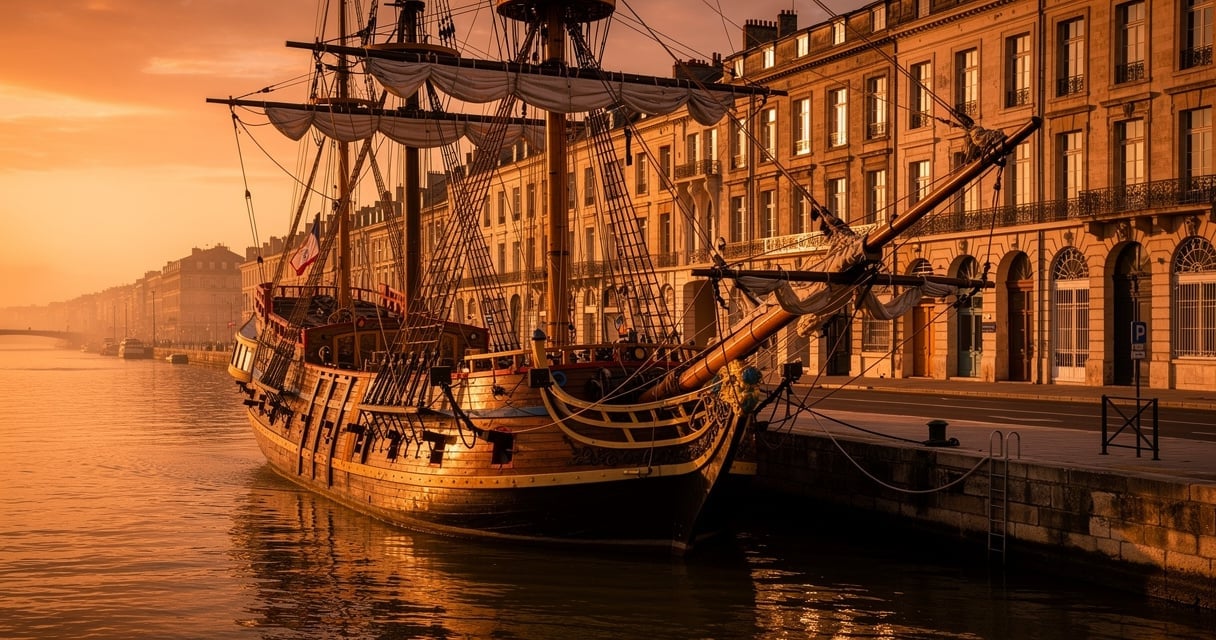Voilier trois-mâts du 18e siècle amarré au port de Bordeaux au coucher du soleil