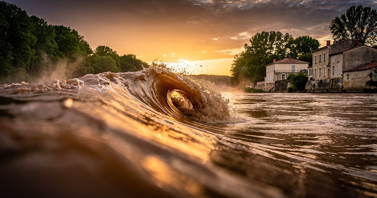 Vague du mascaret remontant la Garonne près de Bordeaux au coucher de soleil
