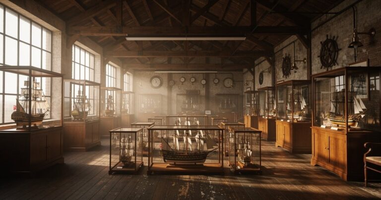 Intérieur du musée maritime de Bordeaux, vitrines avec maquettes de navires anciens dans le hangar G2