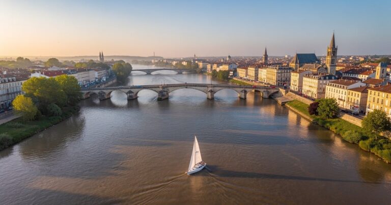 Voilier naviguant sur la Garonne près du Pont de Pierre à Bordeaux