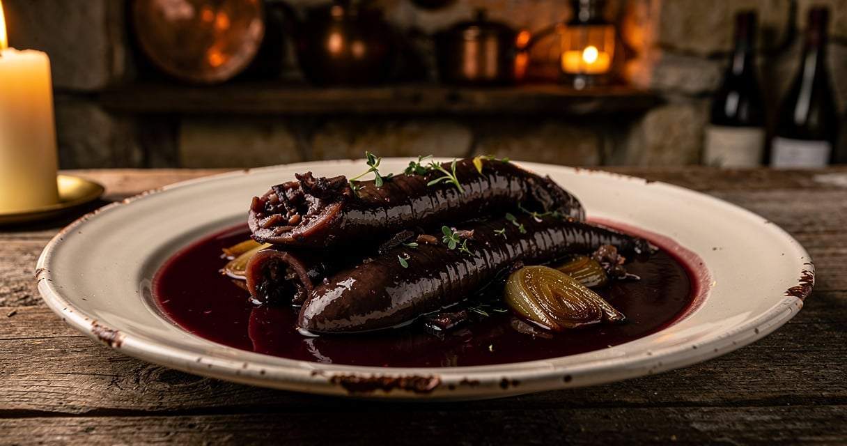 Plat de lamproie a la bordelaise servi avec sauce au vin rouge et poireaux