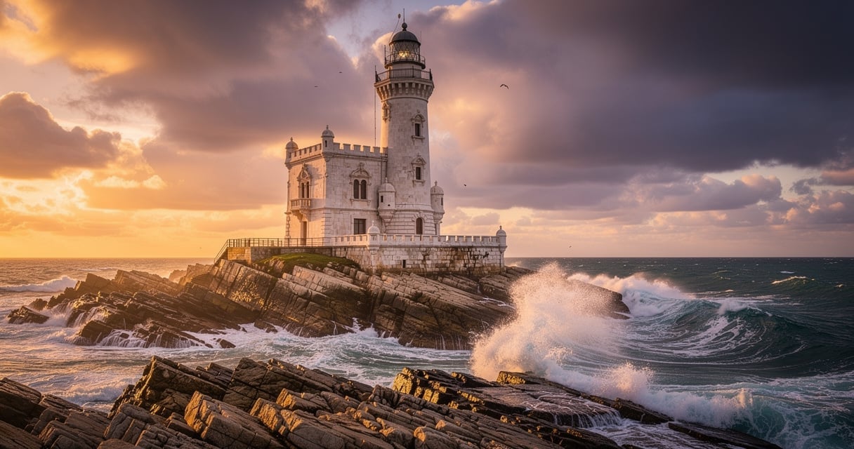 Le phare de Cordouan se dressant a l embouchure de l estuaire de la Gironde au coucher du soleil