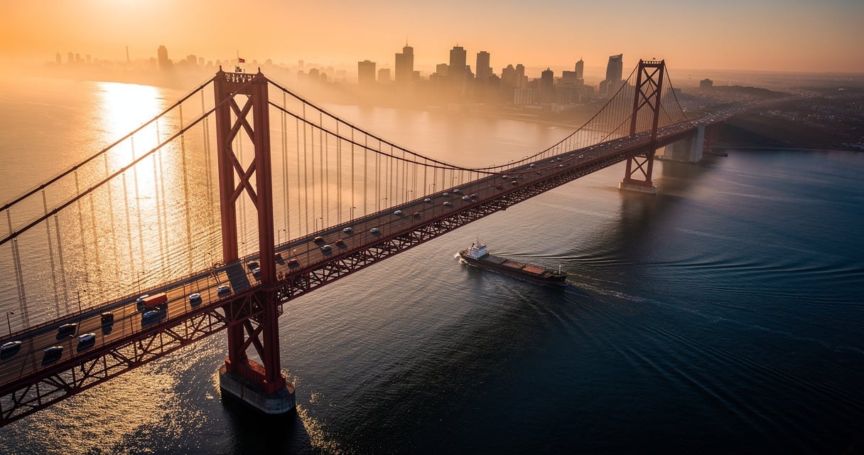 Vue aérienne du pont d'Aquitaine au-dessus de la Garonne au coucher du soleil