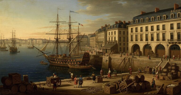 Vue du port de Bordeaux au 18e siècle avec voiliers marchands sur la Garonne