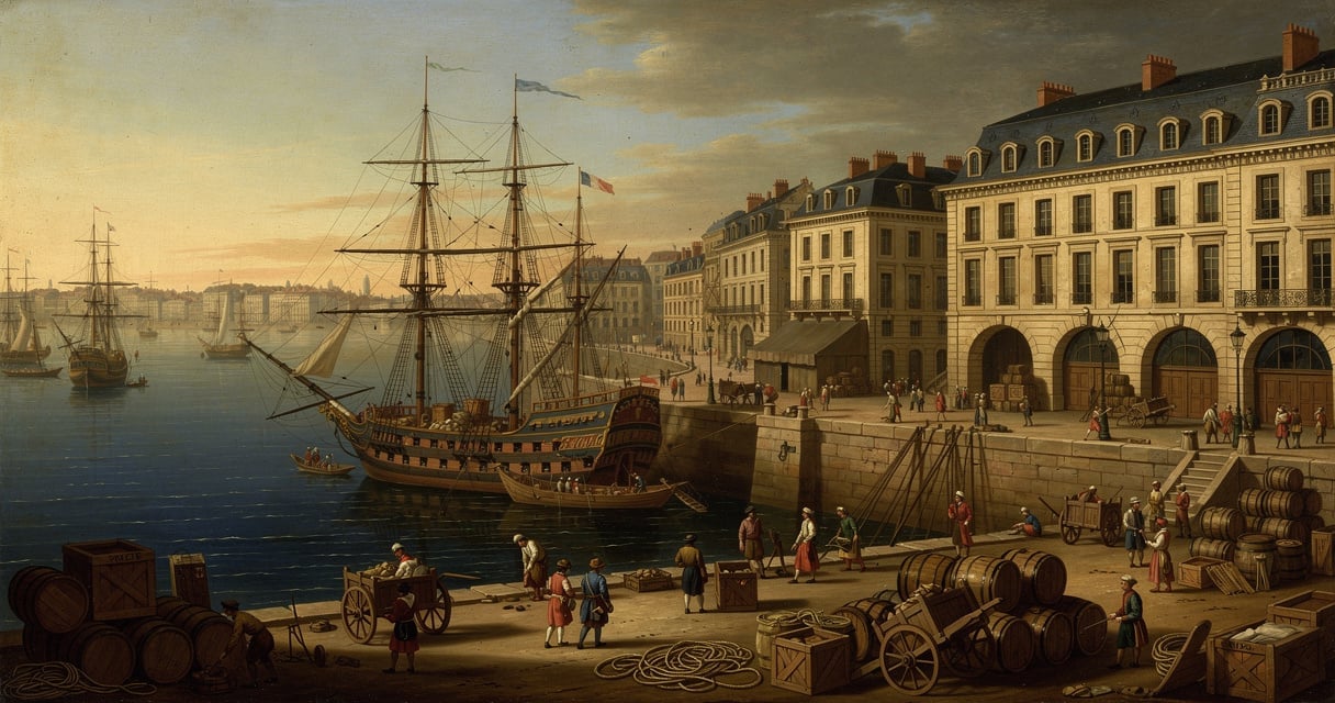 Vue du port de Bordeaux au 18e siècle avec voiliers marchands sur la Garonne