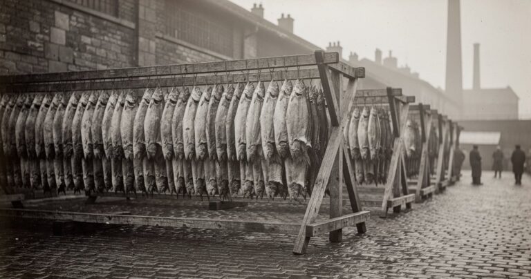 Morues séchant sur pendilles en bois dans une ancienne sécherie béglaise