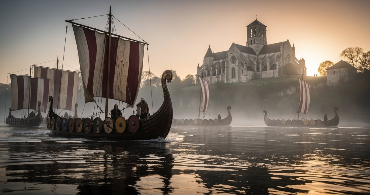 Drakkars vikings remontant la Garonne au 9e siècle vers une abbaye